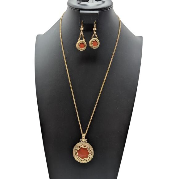 Vtg Premier Design Gold Tone Double Sided Filigree Necklace & Dangle Earring Set - Picture 1 of 7